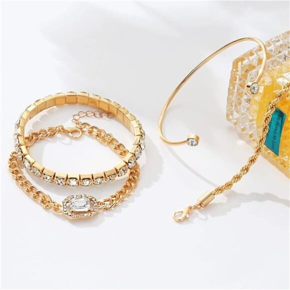 4 Piece Dainty Gold Bracelets Set for Women 14K Plated Link Cubic Zirconia - Picture 3 of 6